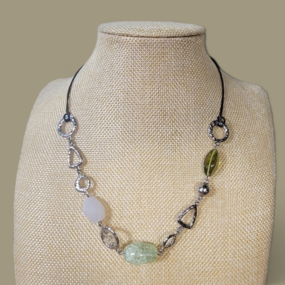 Lia Sophia Green beads Hammered silver tone metal necklace